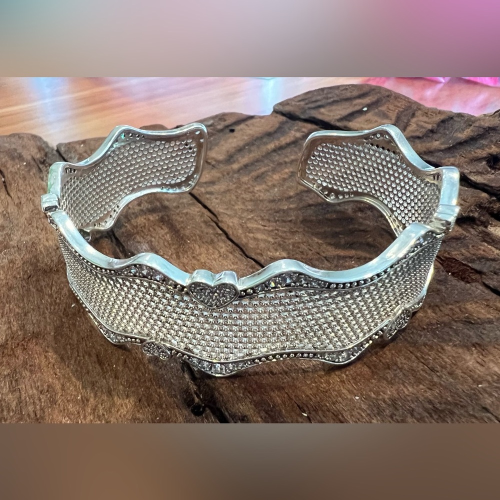 Authentic Pandora Bracelet Cuff Lace of Love Pave Heats Honeycomb Sterling Sz 3